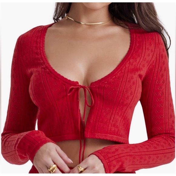 House of CB Perla Pointelle Knit Cardigan M - Cherry